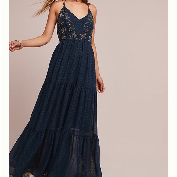 Anthropologie Dresses & Skirts - Anthro | Beaded chiffon dress in navy blue